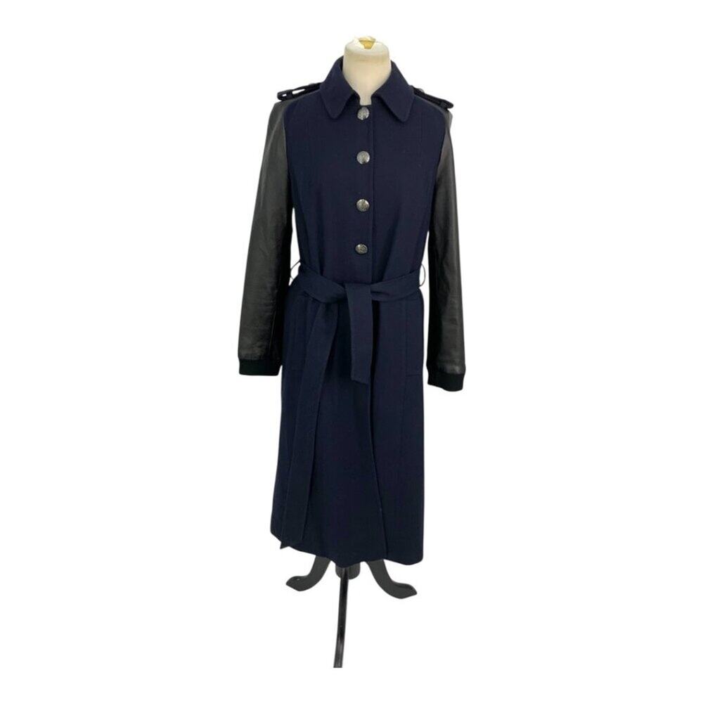 TopShop Wool Blend Navy Blue Leather Sleeve Trench Coat Size 8